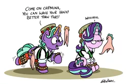 Size: 6570x4364 | Tagged: safe, artist:bobthedalek, derpibooru import, firelight, starlight glimmer, pony, atg 2019, bells, clothes, dancing, dialogue, duo, father and child, father and daughter, fathers gonna father, female, handkerchief, hat, magic, male, morris dancing, newbie artist training grounds, sitting, telekinesis