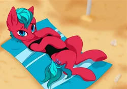 Size: 2480x1748 | Tagged: safe, artist:hidey, artist:oc:windsweeper, derpibooru import, oc, oc:windsweeper, unofficial characters only, earth pony, pony, beach, black swimsuit, clothes, cutie mark, female, mare, on back, one-piece swimsuit, sand, solo, swimsuit, towel