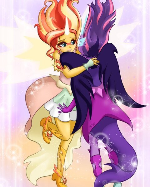 Size: 800x1000 | Tagged: artist:garnet_goddess, daydream shimmer, derpibooru import, equestria girls, female, friendship games, hug, lesbian, midnightdaydream, midnight sparkle, safe, sci-twi, scitwishimmer, shipping, sunset shimmer, sunsetsparkle, twilight sparkle