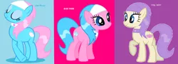 Size: 8256x3008 | Tagged: safe, derpibooru import, aloe, lotus blossom, vera, earth pony, pony, blue background, pink background, purple background, simple background, spa pony, trio, wallpaper