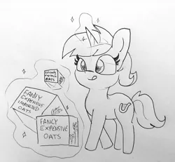 Size: 1557x1440 | Tagged: safe, artist:tjpones, derpibooru import, lyra heartstrings, pony, unicorn, slice of life (episode), :p, black and white, expensive imported oats, female, food, glowing horn, grayscale, horn, imminent consumption, l.u.l.s., magic, mare, monochrome, oats, pure unfiltered evil, simple background, solo, telekinesis, tongue out, traditional art