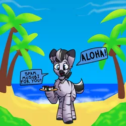 Size: 2000x2000 | Tagged: safe, artist:spoopygander, derpibooru import, oc, oc:kona, zebra, beach, chest fluff, food, happy, hawaii, image, jewelry, male, markings, necklace, palm tree, png, solo, stallion, stripes, sushi, talking, text, tree, zebra oc