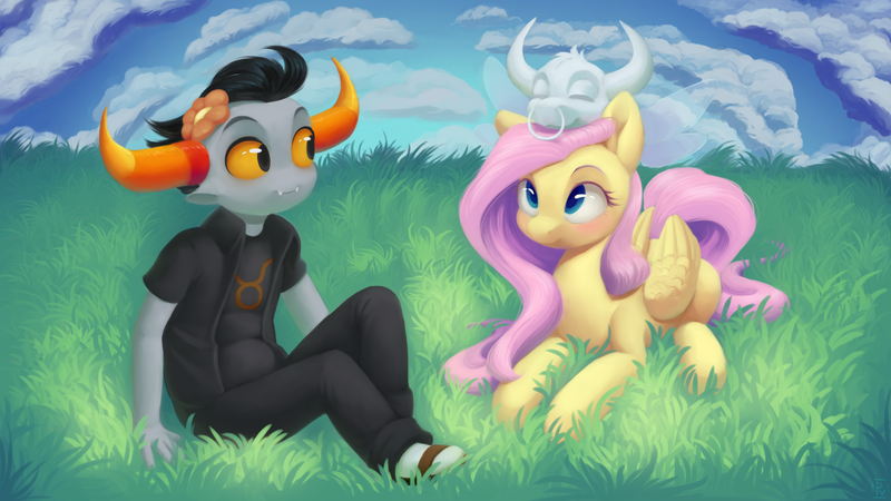 Size: 1920x1080 | Tagged: safe, artist:vernumis, derpibooru import, fluttershy, pegasus, pony, crossover, flower, flower in hair, hand, homestuck, tavros nitram, tinkerbull, trio, troll, troll (homestuck)