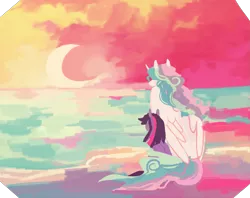 Size: 1639x1300 | Tagged: safe, artist:simpleoddities, derpibooru import, princess celestia, twilight sparkle, alicorn, pony, crescent moon, digital painting, duo, female, moon, sun, sunrise, transparent moon