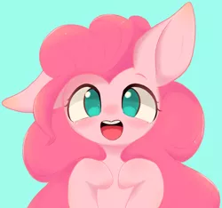 Size: 1200x1122 | Tagged: safe, artist:91o42, derpibooru import, pinkie pie, pony, blue background, blushing, bust, cute, diapinkes, ear down, female, looking at you, mare, no nose, no pupils, open mouth, pixiv, portrait, simple background, solo