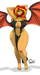 Size: 1920x3566 | Tagged: suggestive, artist:shonuff44, derpibooru import, sunset shimmer, demon, equestria girls, absolute cleavage, arm behind head, armpits, barefoot, big breasts, black dress, breasts, busty sunset shimmer, choker, cleavage, clothes, commission, demon wings, dress, feet, female, grin, huge breasts, lidded eyes, lipstick, looking at you, signature, simple background, smiling, solo, solo female, spread wings, sunset satan, white background, wings