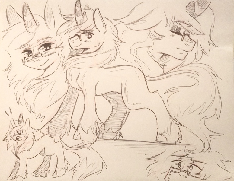 Size: 929x719 | Tagged: safe, artist:pankdabbles, derpibooru import, oc, oc:spec steele, kirin, black and white, chibi, glasses, grayscale, kirinified, monochrome, sketch, sketch dump, solo, species swap, traditional art