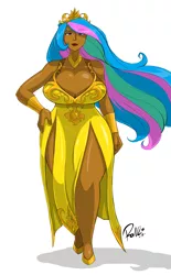 Size: 2490x4017 | Tagged: artist:shonuff44, big breasts, breasts, busty princess celestia, cleavage, clothes, commission, crown, dark skin, derpibooru import, dress, female, flowing hair, hand on hip, huge breasts, human, humanized, jewelry, lidded eyes, lipstick, looking at you, princess celestia, regalia, signature, simple background, smiling, solo, solo female, suggestive, tanned skin, white background