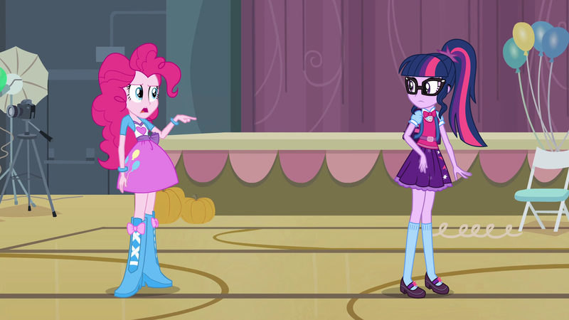 Size: 1920x1080 | Tagged: safe, derpibooru import, edit, edited screencap, editor:machiavellian mythos, screencap, pinkie pie, sci-twi, twilight sparkle, equestria girls, equestria girls (movie), alternate universe, backpack, balloon, boots, bracelet, camera, chair, clothes, glasses, jewelry, mary janes, pointing, ponytail, pumpkin, shoes, skirt, socks