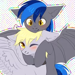 Size: 2000x2000 | Tagged: safe, artist:avrameow, derpibooru import, oc, oc:golden aegis, oc:styxus, unofficial characters only, bat pony, dog, dog pony, pony, abstract background, bat pony oc, bat wings, blushing, collar, commission, hug, oc x oc, one eye closed, shipping, wings, ych result, yellow eyes