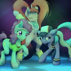 Size: 2000x2000 | Tagged: safe, artist:ohemo, derpibooru import, azure velour, flashdancer, pacific glow, earth pony, pony, the saddle row review, atg 2019, clothes, dancing, eyes closed, female, glowstick, happy, hat, horn, jewelry, leg warmers, looking at you, necklace, newbie artist training grounds, open mouth, pacifier, rave, shirt, smiling