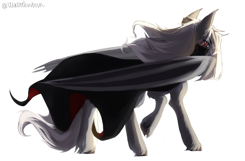 Size: 2000x1312 | Tagged: safe, artist:lilkittenbun, derpibooru import, oc, oc:dracula, pony, vampire, vampony, bat wings, cape, clothes, looking back, red eyes, simple background, white background, wings