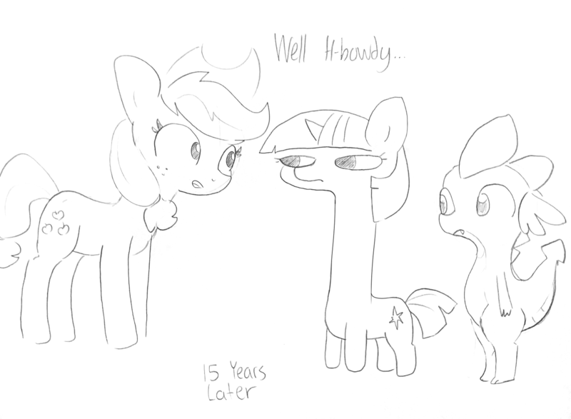 Size: 1650x1211 | Tagged: safe, artist:tjpones, derpibooru import, edit, editor:dsp2003, applejack, spike, twilight sparkle, dragon, earth pony, pony, unicorn, comic, dialogue, exploitable meme, female, grayscale, long neck, male, mare, meme, monochrome, nope.avi, pencil drawing, simple background, size difference, traditional art, twiggie, unicorn twilight, white background