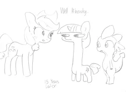 Size: 1650x1211 | Tagged: safe, artist:tjpones, derpibooru import, edit, editor:dsp2003, applejack, spike, twilight sparkle, dragon, earth pony, pony, unicorn, comic, dialogue, exploitable meme, female, grayscale, long neck, male, mare, meme, monochrome, nope.avi, pencil drawing, simple background, size difference, traditional art, twiggie, unicorn twilight, white background