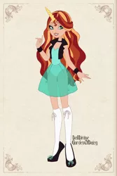 Size: 400x600 | Tagged: artist:gardenofdaisy, artist:hippykat13, bow, bracelet, choker, clothes, derpibooru import, dolldivine, dressup, dressup game, ever after high, flats, freckles, horn, horned humanization, human, humanized, jacket, jewelry, kneesocks, leotard, safe, see-through, see-through skirt, shoes, skirt, socks, sunset shimmer, tutu