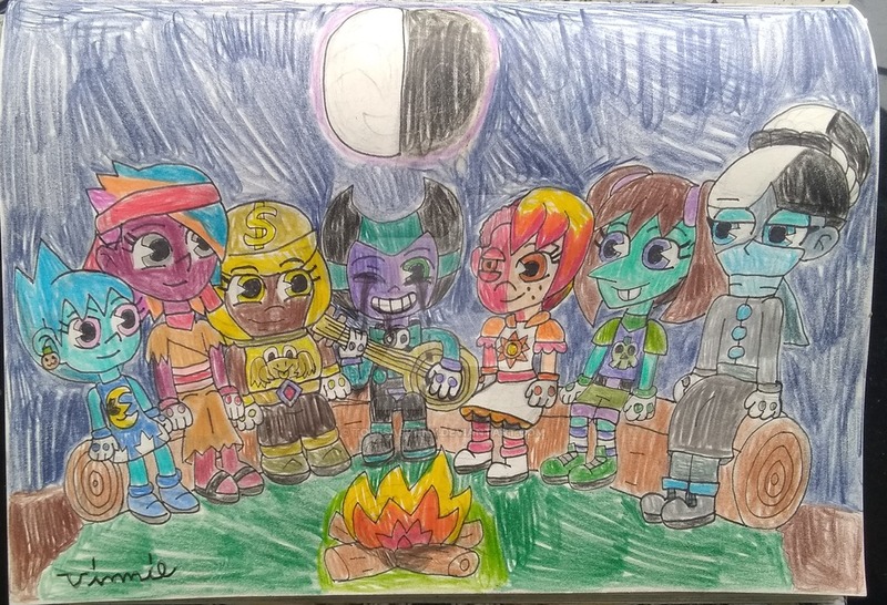 Size: 1024x699 | Tagged: safe, artist:tobiisabunny, derpibooru import, oc, oc:bitter rot, oc:daybreak flare, oc:havoc fury, oc:lack luster, oc:monochrome frost, oc:moonlight blues, human, equestria girls, campfire, deviantart, deviantart watermark, ink, obtrusive watermark, simon, watermark