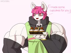 Size: 2700x2000 | Tagged: anatomically incorrect, anthro, apron, artist:mopyr, clothes, collar, cupcake, cute, derpibooru import, dialogue, female, fetish, food, gloves, horn, long gloves, muscle fetish, muscles, oc, oc:fort, original species, padlock, padlocked collar, safe, solo, unofficial characters only