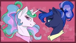 Size: 1280x730 | Tagged: safe, artist:bbru4r, derpibooru import, princess celestia, princess luna, alicorn, pony, between dark and dawn, abstract background, alternate hairstyle, bust, clothes, duo, ear fluff, ethereal mane, eyebrows visible through hair, female, freckles, horn, horns are touching, lidded eyes, looking at you, mare, ponytail, royal sisters, shirt, smiling, starry mane