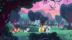 Size: 2880x1620 | Tagged: safe, derpibooru import, screencap, apple bloom, applejack, rainbow dash, rarity, scootaloo, sweetie belle, earth pony, pegasus, pony, unicorn, the cart before the ponies, apple, apple orchard, apple tree, cart, cutie mark crusaders, dawn, female, filly, flying, foal, mare, orchard, sweet apple acres, tired, tree