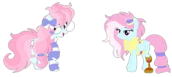 Size: 1084x488 | Tagged: safe, artist:bezziie, derpibooru import, kerfuffle, oc, oc:strawberry pie, pony, amputee, bandaids, bow, freckles, glasses, prosthetic leg, prosthetic limb, prosthetics