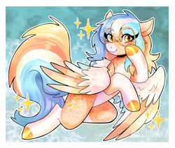 Size: 1000x847 | Tagged: safe, artist:rayadra, derpibooru import, oc, unofficial characters only, pegasus, pony, abstract background, colored hooves, colored wings, female, freckles, glasses, looking at you, mare, pale belly, pegasus oc, smiling, solo, sparkles, spread wings, wings