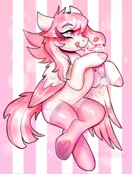 Size: 758x1000 | Tagged: safe, artist:rayadra, derpibooru import, oc, oc:strawberry milk, unofficial characters only, pegasus, pony, abstract background, clothes, colored hooves, colored wings, drinking straw, female, food, frog (hoof), mare, milkshake, pegasus oc, pink socks, socks, solo, strawberry, thigh highs, tongue out, two toned wings, underhoof, wings