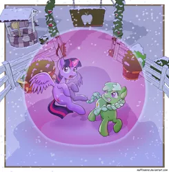 Size: 2400x2446 | Tagged: safe, artist:muffinshire, derpibooru import, twilight sparkle, twilight sparkle (alicorn), oc, oc:appleboom, alicorn, pony, angry, barrier, bathtub, bush, commission, magic bubble, shadow, snow, sweet apple acres, well