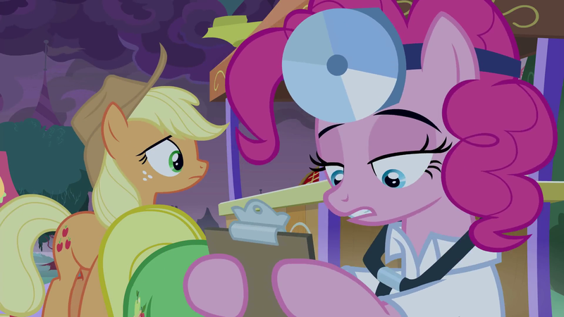 Size: 1920x1080 | Tagged: safe, derpibooru import, screencap, applejack, pinkie pie, earth pony, pony, the summer sun setback, clothes, costume, doctor, doctor costume, doctor pie, female, head mirror, lab coat, mare, stethoscope