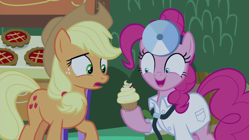 Size: 1920x1080 | Tagged: safe, derpibooru import, screencap, applejack, pinkie pie, earth pony, pony, the summer sun setback, clothes, costume, cupcake, doctor, doctor costume, doctor pie, food, head mirror, lab coat, stethoscope