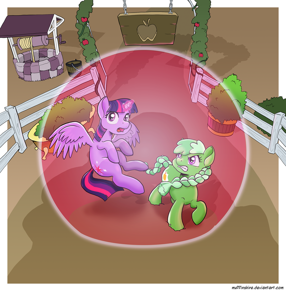 Size: 2400x2446 | Tagged: safe, alternate version, artist:muffinshire, derpibooru import, twilight sparkle, twilight sparkle (alicorn), oc, oc:appleboom, alicorn, pony, angry, barrier, bathtub, bush, commission, magic bubble, shadow, sweet apple acres, well