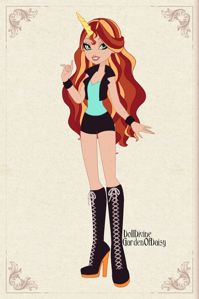 Size: 800x1200 | Tagged: artist:gardenofdaisy, artist:hippykat13, boots, bow, bracelet, clothes, derpibooru import, dolldivine, dressup, dressup game, ever after high, freckles, high heel boots, horn, horned humanization, human, humanized, jacket, jewelry, knee-high boots, safe, shoes, shorts, sunset shimmer