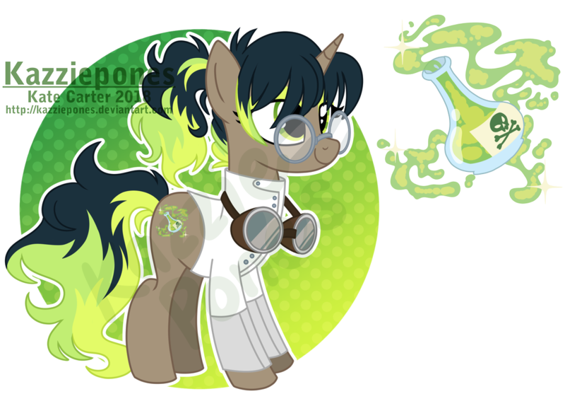 Size: 1024x735 | Tagged: safe, artist:kazziepones, derpibooru import, oc, oc:chemical conoction, pony, unicorn, clothes, female, glasses, goggles, lab coat, mare, reference sheet, solo