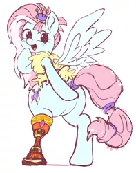 Size: 1615x2048 | Tagged: safe, artist:cottonbudfilly, derpibooru import, kerfuffle, pegasus, pony, rainbow roadtrip, amputee, butt, clothes, cute, female, fufflebetes, looking back, mare, pincushion, plot, prosthetic leg, prosthetic limb, prosthetics, solo, spread wings, vest, wings