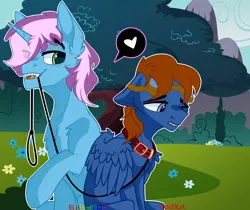 Size: 3258x2734 | Tagged: safe, artist:_vodka, derpibooru import, oc, oc:gyro tech, oc:seaward skies, unofficial characters only, pegasus, pony, unicorn, collar, leash, male, pet play, tree