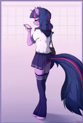 Size: 1346x2000 | Tagged: safe, artist:blackkaries, derpibooru import, twilight sparkle, anthro, unguligrade anthro, unicorn, bag, clothes, eyes closed, female, headphones, inconvenient tail, mare, miniskirt, mobile phone, panties, phone, pleated skirt, school uniform, skirt, skirt lift, smartphone, socks, solo, tail upskirt, thigh highs, underwear, unicorn twilight, zettai ryouiki