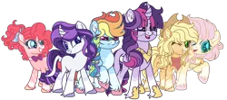 Size: 1280x566 | Tagged: safe, artist:bezziie, derpibooru import, applejack, fluttershy, pinkie pie, rainbow dash, rarity, twilight sparkle, twilight sparkle (alicorn), alicorn, classical unicorn, pony, unicorn, alternate design, cloven hooves, freckles, glasses, hat, headcanon, leonine tail, unshorn fetlocks