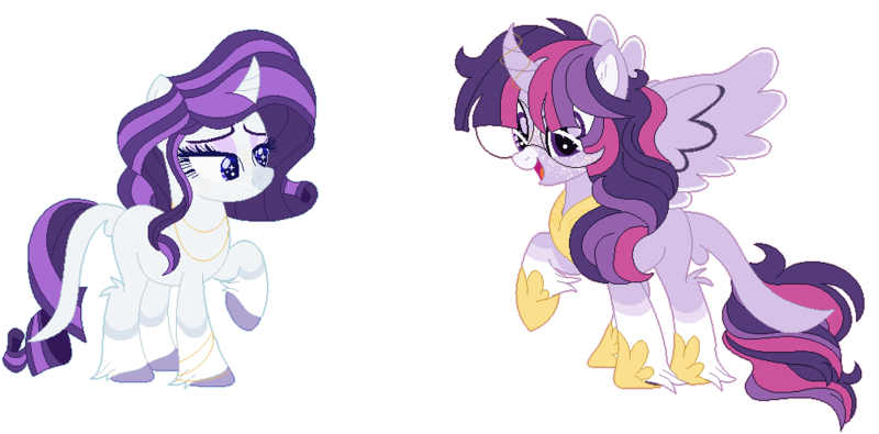 Size: 1004x496 | Tagged: safe, artist:bezziie, derpibooru import, rarity, twilight sparkle, twilight sparkle (alicorn), alicorn, classical unicorn, pony, unicorn, alternate design, cloven hooves, freckles, glasses, headcanon, leonine tail, unshorn fetlocks