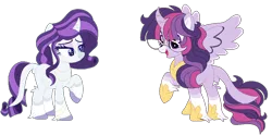 Size: 1004x496 | Tagged: safe, artist:bezziie, derpibooru import, rarity, twilight sparkle, twilight sparkle (alicorn), alicorn, classical unicorn, pony, unicorn, alternate design, cloven hooves, freckles, glasses, headcanon, leonine tail, unshorn fetlocks