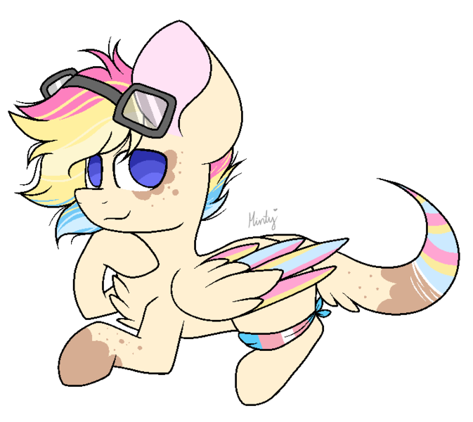 Size: 765x682 | Tagged: safe, artist:mintoria, derpibooru import, oc, oc:pan, pegasus, pony, colored wings, goggles, male, multicolored wings, prone, simple background, solo, stallion, transparent background, wings