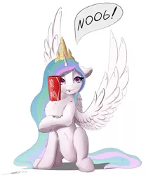 Size: 2500x3000 | Tagged: safe, artist:skitsniga, derpibooru import, princess celestia, alicorn, pony, chest fluff, coca-cola, cute, cutelestia, drink, female, hands-free bubble tea challenge, looking at you, meme, noob, soda, solo, spread wings, wings