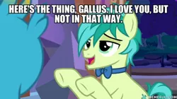 Size: 600x337 | Tagged: safe, derpibooru import, edit, edited screencap, screencap, gallus, sandbar, earth pony, gryphon, pony, she's all yak, bowtie, caption, image macro, impact font, memeful.com, shipping denied, text