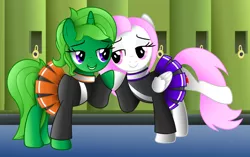 Size: 2926x1840 | Tagged: safe, artist:limedreaming, artist:sashagemini, derpibooru import, oc, oc:lime dream, oc:sasha gemini, unofficial characters only, pegasus, pony, unicorn, cheerleader, clothes, detailed, detailed background, female, lesbian, looking at each other, mare, pleated skirt, school, schoolgirl, skirt, trace