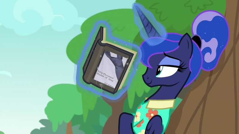 Size: 1920x1080 | Tagged: safe, derpibooru import, edit, edited screencap, screencap, princess luna, pony, between dark and dawn, ashens, book, clothes, cloud, exploitable, exploitable meme, fifty shades of grey, hawaiian shirt, leaning, luna's book, magic, meme, meme template, read a book, reading, relaxing, shirt, smiling, solo, tree