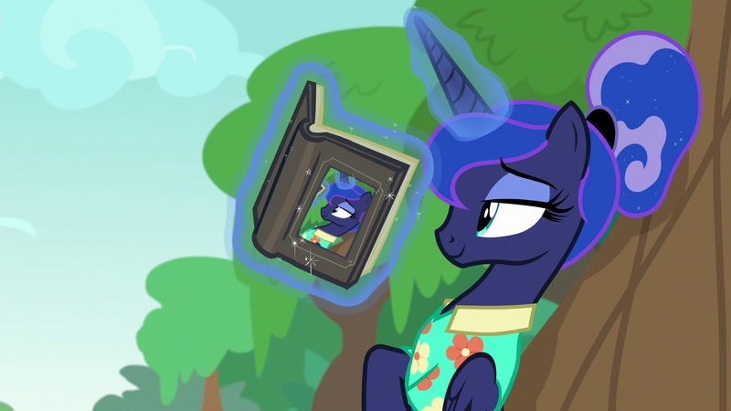 Size: 1920x1080 | Tagged: safe, derpibooru import, edit, edited screencap, screencap, princess luna, pony, between dark and dawn, book, clothes, cloud, exploitable, exploitable meme, hawaiian shirt, leaning, luna's book, magic, meme, meme template, read a book, reading, relaxing, shirt, smiling, solo, tree