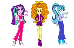 Size: 3100x2000 | Tagged: safe, artist:wubcakeva, derpibooru import, adagio dazzle, aria blaze, sonata dusk, equestria girls, belly button, biceps, clothes, commission, converse, flexing, hand on hip, midriff, shoes, shorts, sneakers, the dazzlings, waving