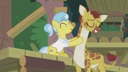 Size: 1920x1080 | Tagged: safe, derpibooru import, screencap, clementine, doctor fauna, earth pony, giraffe, pony, she talks to angel, clothes, duo, eyes closed, female, mare, massage, pale belly, shirt, smiling