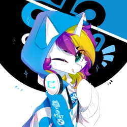 Size: 800x800 | Tagged: safe, artist:heddopen, derpibooru import, oc, oc:sprinkles, unofficial characters only, pony, unicorn, cheek fluff, chest fluff, clothes, cloud9, esports, female, headphones, hoodie, looking at you, mare, one eye closed, sitting, smiling, solo, starry eyes, tongue out, wingding eyes, wink