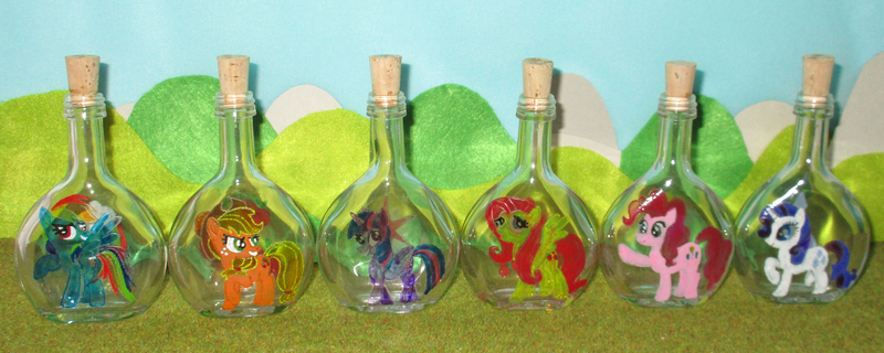 Size: 4741x1897 | Tagged: safe, artist:malte279, derpibooru import, applejack, fluttershy, pinkie pie, rainbow dash, rarity, twilight sparkle, pony, craft, flacon, glass engraving, glass painting, mane six