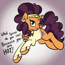 Size: 2100x2100 | Tagged: safe, artist:sjart117, derpibooru import, saffron masala, pony, spice up your life, bad pickup line, clothes, ear piercing, earring, female, flirting, jewelry, leaping, looking at you, mare, motivational, one eye closed, pickup lines, piercing, positive ponies, solo, speech, talking, wink