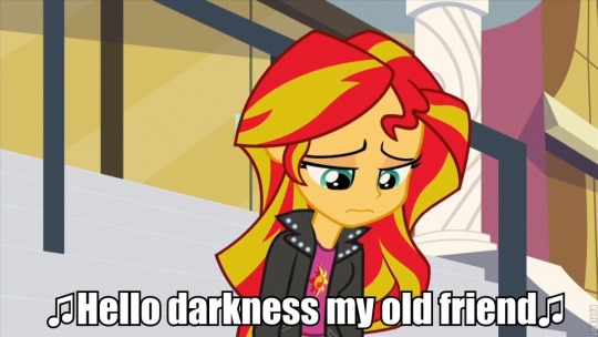 Size: 540x304 | Tagged: safe, derpibooru import, sunset shimmer, equestria girls, caption, image macro, meme, sad, simon and garfunkel, song reference, sunsad shimmer, text, the sound of silence